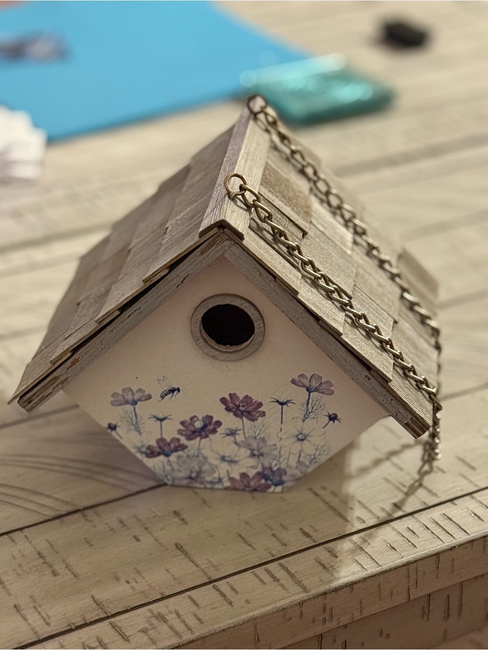 Wooden Floral Birdhouse with Chain - White & Purple
